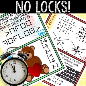 May include: A printable Valentine's Day activity for children. The activity includes a teddy bear holding a red heart, a clock set to 12:00, and a code-breaking puzzle with the text "No Locks!" at the top.