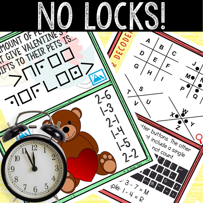 May include: A printable Valentine's Day activity for children. The activity includes a teddy bear holding a red heart, a clock set to 12:00, and a code-breaking puzzle with the text "No Locks!" at the top.