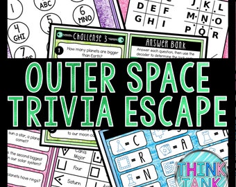 May include: A colorful printable outer space trivia escape game for kids. The game features a decoder, answer bank, and trivia questions about planets, stars, and comets. The game is designed to be fun and educational for children.