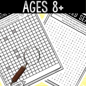 May include: A black and white word search puzzle with the title "Word Search" and the words "Ages 8+" at the top. The puzzle is designed for children ages 8 and up.