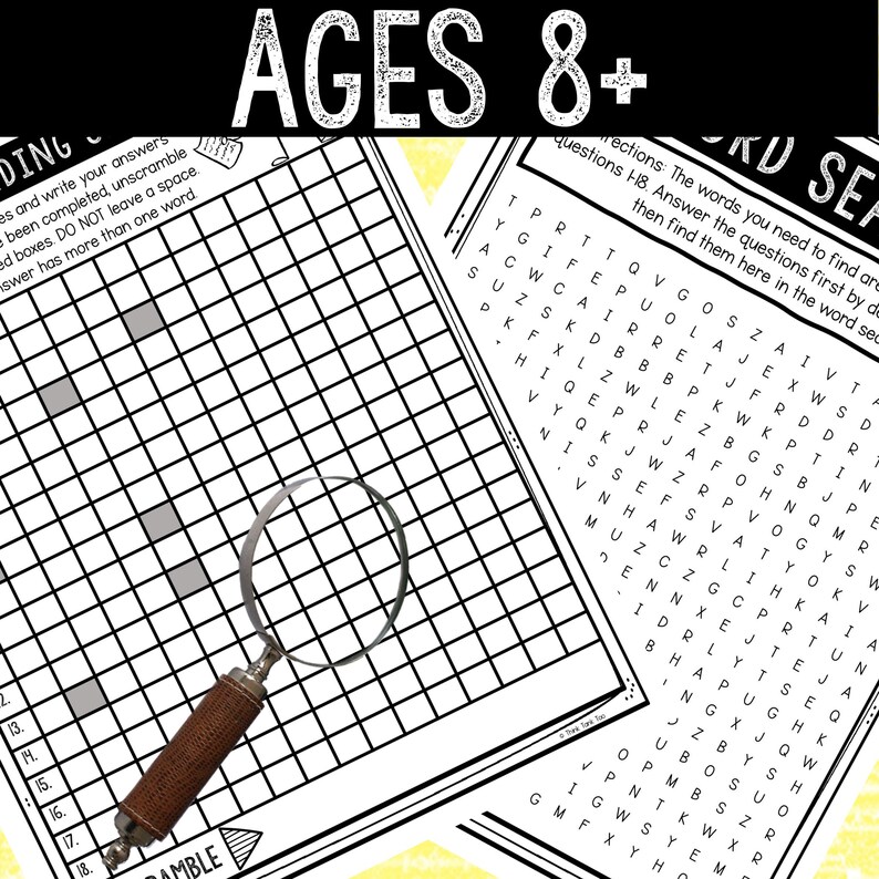 May include: A black and white word search puzzle with the title "Word Search" and the words "Ages 8+" at the top. The puzzle is designed for children ages 8 and up.