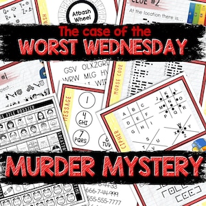 Puede incluir: Una tarjeta de título roja y negra con el texto "The case of the WORST WEDNESDAY MURDER MYSTERY". La imagen también incluye varios rompecabezas de descifrado de códigos, incluyendo una tabla de código Morse, una rueda de cifrado y una cuadrícula con letras y puntos.