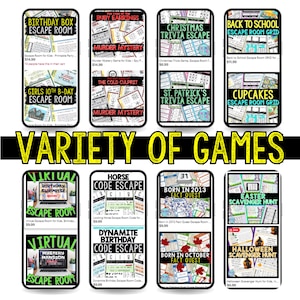 Puede incluir: Un collage de im&aacute;genes digitales coloridas que muestran una variedad de juegos de escape room y b&uacute;squedas del tesoro para ni&ntilde;os. Los juegos incluyen temas como cumplea&ntilde;os, Navidad, regreso a la escuela, San Patricio, Pascua, Halloween y m&aacute;s. Cada imagen presenta un t&iacute;tulo, una breve descripci&oacute;n y un precio.