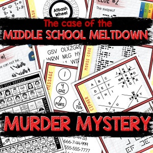 May include: A red and white printable murder mystery game with the title "The case of the Middle School Meltdown" and "Murder Mystery". The game includes a variety of puzzles, including a cipher, a message, a Morse code, and a file dossier.