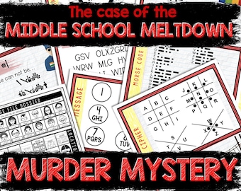 May include: A red and white printable murder mystery game with the title "The case of the Middle School Meltdown" and "Murder Mystery". The game includes a variety of puzzles, including a cipher, a message, a Morse code, and a file dossier.