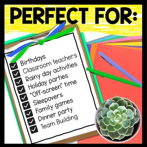 May include: A checklist on a clipboard with a green and blue ribbon. The checklist includes activities such as birthdays, classroom teachers, rainy day activities, holiday parties, "off-screen" time, sleepovers, family games, dinner party, and team building.