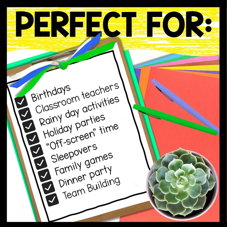 May include: A checklist on a clipboard with a green and blue ribbon. The checklist includes activities such as birthdays, classroom teachers, rainy day activities, holiday parties, "off-screen" time, sleepovers, family games, dinner party, and team building.