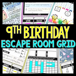 Girls 9th Birthday Party Escape Room GRID for Kids, Printable Party Game, Scavenger Hunt, Puzzles, Family Games, Classroom Party