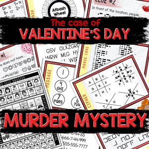 Puede incluir: Un juego de misterio de asesinato de San Valentín imprimible con un esquema de color rojo, blanco y negro. El juego incluye una variedad de rompecabezas, incluyendo un cifrado, un código de mensaje y un expediente. El título del juego es "El caso del Día de San Valentín Asesinato Misterioso".