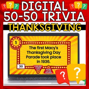 May include: A laptop screen displaying a Thanksgiving trivia game with a question about the first Macy's Thanksgiving Day Parade. The question asks "The first Macy's Thanksgiving Day Parade took place in 1936."  The answer choices are "Earlier" and "Later".