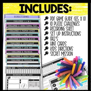 May include: A colorful escape room game kit with 10 puzzle challenges, a recording sheet, set up instructions, FAQ's, hint cards, kids directions, and a secret mission. The kit includes a PDF game guide, a final grid, and hint cards. The image also shows a stack of colorful markers.