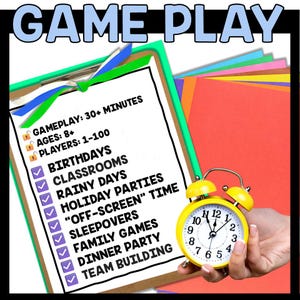 May include: A checklist on a clipboard with a yellow alarm clock. The checklist includes activities like birthdays, classrooms, rainy days, holiday parties, "off-screen" time, sleepovers, family games, dinner party, and team building. The text "GAMEPLAY: 30+ MINUTES" is at the top of the checklist.