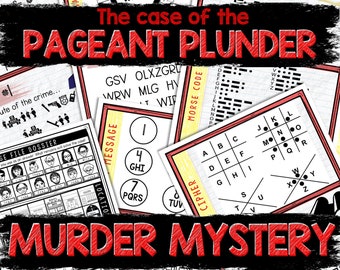 May include: A red and black title card for a murder mystery game called "The Case of the Pageant Plunder: Murder Mystery". The title card features a crown, a gun, and a variety of code-breaking puzzles.