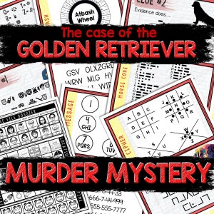 May include: A colourful printable murder mystery game with the title "The case of the GOLDEN RETRIEVER" and the subtitle "MURDER MYSTERY". The game includes a variety of puzzles, including a cipher, a message code, and a file dossier.