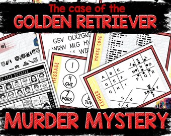 May include: A colorful printable murder mystery game with the title "The case of the GOLDEN RETRIEVER" and the subtitle "MURDER MYSTERY". The game includes a variety of puzzles, including a cipher, a message code, and a file dossier.