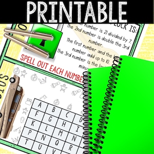 Puede incluir: Juego imprimible con fondo verde y el texto "LOCK IS:" y "SPELL OUT EACH NUMBER". El juego incluye una cuadr&iacute;cula con letras y un conjunto de pistas para resolver un rompecabezas de palabras.
