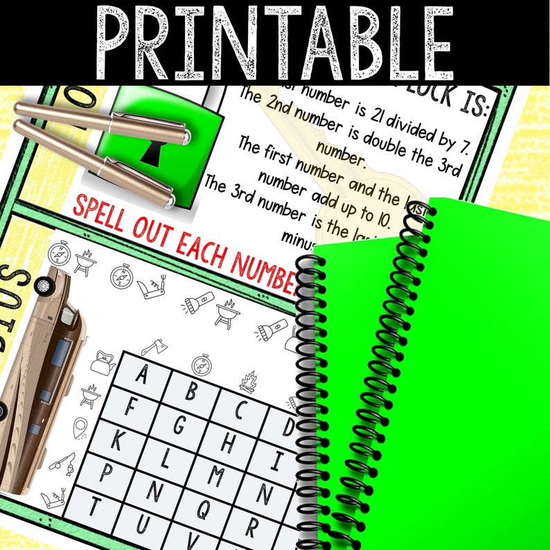 Puede incluir: Juego imprimible con fondo verde y el texto "LOCK IS:" y "SPELL OUT EACH NUMBER". El juego incluye una cuadr&iacute;cula con letras y un conjunto de pistas para resolver un rompecabezas de palabras.