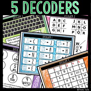May include: Five colorful printable decoder sheets with different symbols and letters. Each sheet has a title, "Decoder 1", "Decoder 2", etc. The sheets are designed for kids to learn about codes and symbols.