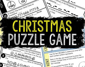 May include: A black and white printable Christmas puzzle game with a yellow title that says "Christmas Puzzle Game". The game includes a variety of Christmas-themed puzzles and activities, such as decoding messages, finding the right number, and completing word searches.