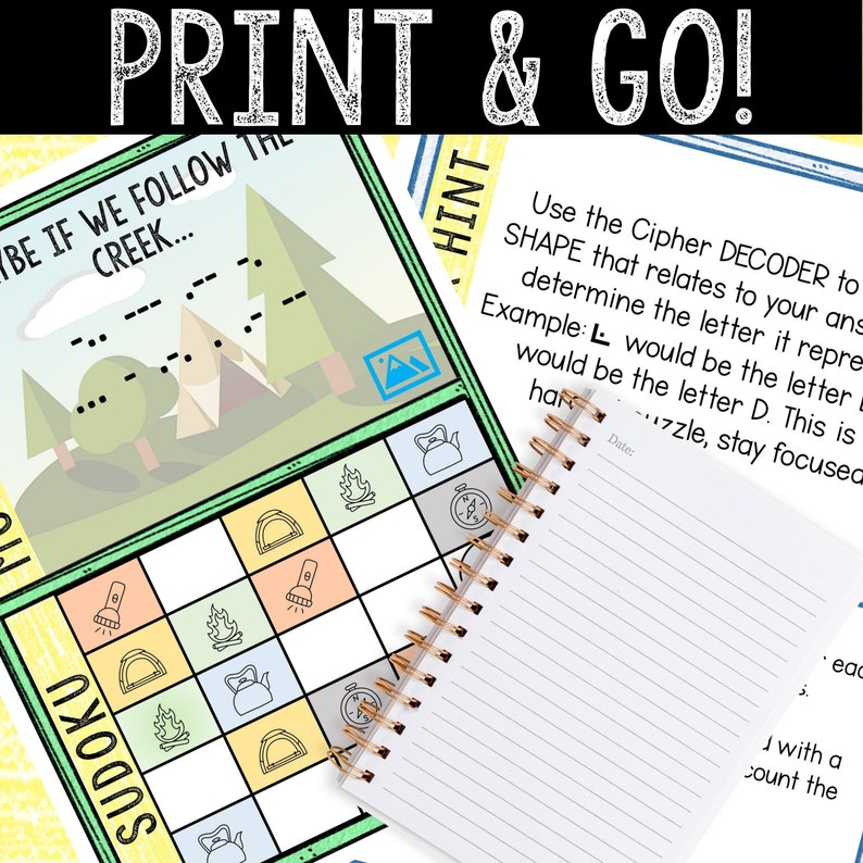 Puede incluir: Un juego imprimible para ni&ntilde;os con un Sudoku y iconos con tem&aacute;tica de acampada. El juego incluye un decodificador de cifrado para ayudar a resolver el rompecabezas. El texto en la p&aacute;gina dice "&iexcl;Imprime y juega!" y "Utiliza el DECODIFICADOR de cifrado para DAR FORMA a lo que se relaciona con tu respuesta. Determina la letra que representa. Ejemplo: L ser&iacute;a la letra D. Esto es un poco complicado, mantente concentrado."
