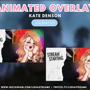 Może przedstawiać: Animowana nakładka z kreskówkową ilustracją kobiety z blond włosami. Tekst "ANIMATED OVERLAY" i "KATE DENSON" są wyświetlane w kolorze różowym i białym. Widoczne są również słowa "STREAM STARTING".