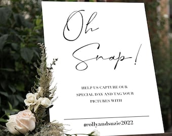 Personalised Printed Minimalist Wedding Sign - Oh Snap Hashtag Wedding Selfie Sign - Bespoke Affordable Wedding Print Sign