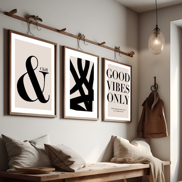 Neutral Abstract Art Prints, Modern Art, Abstract Art, Good Vibes Only, & Chill, Wall Art , Set of 3 , A4, A3 A3+ A2 A1 Sizes, Fast Delivery