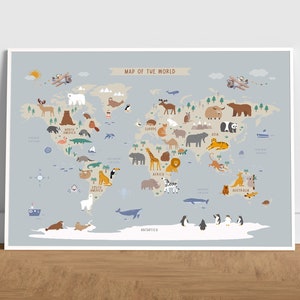 Carte du monde animal, impression de chambre d'enfant, cartes de chambre d'enfants, animaux du monde, impression de cartes d'animaux, décoration safari, art mural pour chambre d'enfant, impression de salle de jeux,