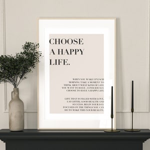 Choose a happy Life, positive  affirmation Home, Kitchen, Home Decor, Modern Typography, Bedroom Print, Good Vibes Poster, beige wall art A2