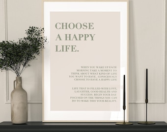 Choose a happy Life Print, Positive Affirmation Home, Kitchen, Home Decor, Typography, Bedroom Print, Good Vibes Poster, Beige Wall Art