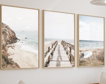 Beach Wall Art, Set of 3 Prints, Neutral Beach Wall Art Pastel Beach Print Coastal Art Wave Wall Art Beige Muted Palette  Art Ocean Picture