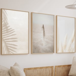 Neutral Wall Prints,Pampas Grass Wall Art,Set of 3, Minimalist Beige Boho Decor, Muted Palette  Neutral Beach Poster, Cream Leaf, A2 A1