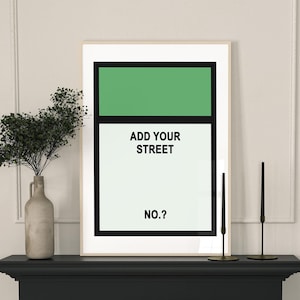 Inspiré du monopole personnalisé, impression d'art mural, décoration d'intérieur, idée cadeau, n'importe quel nom de rue, numéro, impression de jeu de société, nouvelle carte cadeau pour la maison A3 A2 A1
