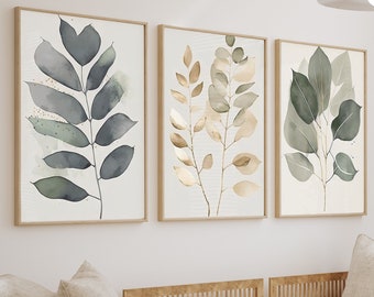 Set of 3 Botanical Wall Prints, Flower Wall Art, Botanical Gold and Sage Green Home Decor, Hand Drawn Plants prints, FREE FAST DELIVERY