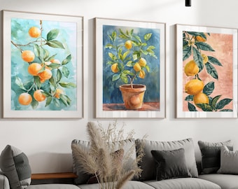 May include: Three framed watercolor paintings of lemon trees with green leaves and yellow lemons. The paintings are hanging on a white wall above a gray sectional sofa with a brown coffee table.