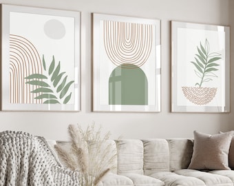Boho abstracte muurkunstafdrukken, boho muurdecoratie, set van 3 prenten, scandi kunst, midden eeuw, zwart, beige, groen, terracotta, boho kunst aan de muur