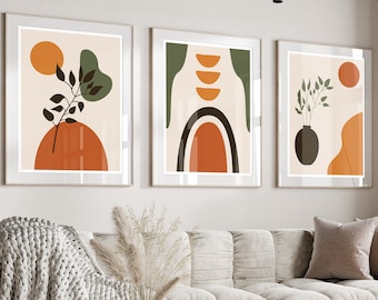 Boho abstracte muurkunstafdrukken, boho muurdecoratie, set van 3 prenten, scandi kunst, midden eeuw, zwart, beige, groen, terracotta, boho kunst aan de muur