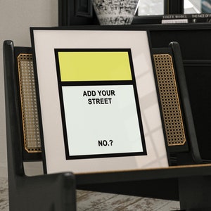 Inspiré du monopole personnalisé, impression d'art mural, décoration d'intérieur, idée cadeau, n'importe quel nom de rue, numéro, impression de jeu de société, nouvelle carte cadeau pour la maison A3 A2 A1