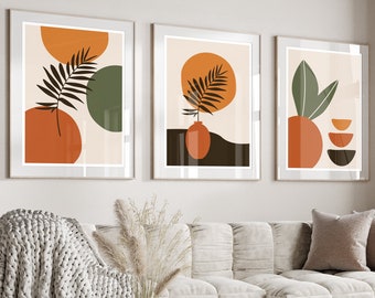 Boho abstracte muurkunstafdrukken, boho muurdecoratie, set van 3 prenten, scandi kunst, midden eeuw, zwart, beige, groen, terracotta, boho kunst aan de muur