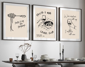 Pasta/Wine Club Print, Kitchen Poster, Pasta Print, Hand Drawn Pasta Print, Friend Gift, Pasta Lover, Trendy Kitchen Wall Art, Home Decor