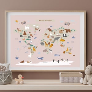 Rose, carte du monde animal, impression de chambre de bébé, cartes de chambre d'enfants, animaux du monde, impression de cartes d'animaux, décoration safari, art mural de chambre d'enfants, impression de salle de jeux