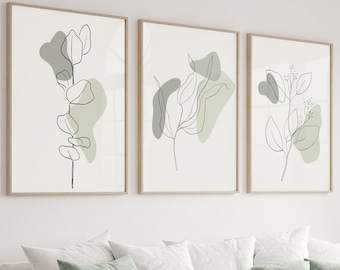 Neutral Wall Prints, Botanical Wall Prints, Bedroom Wall Prints, Botanical Line,Sage Green Home Decor, Hand Drawn Plants, Set of 3 Prints A2