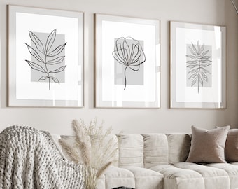 Neutral Wall Prints, Botanical Wall Prints, Bedroom Wall Prints, Botanical Line Art, Grey  Home Decor, Hand Drawn Plants, Set of 3 Prints