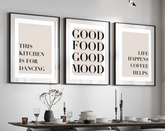 Good Food Good Mood, Kitchen Décor, Home Décor, Set of 3, Dining Room Wall Art, Kitchen Quotes, Neutral Art A4, A3 A3+ A2 A1 Sizes