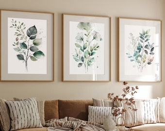 Watercolor Botanical Print Set of 3,Eucalyptus Wall Art,Botanical Prints,Bedroom Wall Art,Flower Art Set of 3 Prints,Home Decor,Greenery