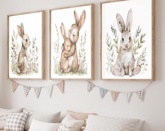 Woodland Nursery Prints, Set of 3 Prints, Neutral Nursery Prints, Nursery Wall Art, Nursery Décor, Nursery Wall Art, Cute Animal, Rabbits