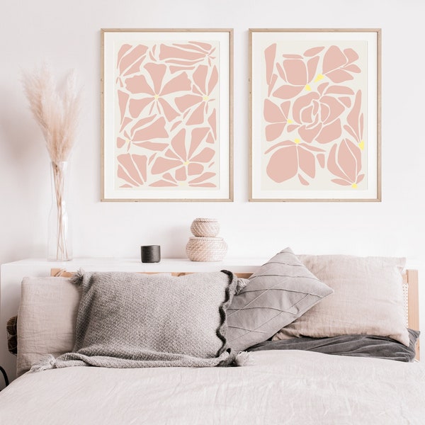 Blush Pink Floral Wall Art Prints, Home decor, Pink and Coral Bedroom Wall Prints, yellowArt Deco, Modern Art, Botanical Art , set of 2