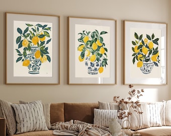 Set Of 3 Lemon Fruit Art Prints, Fruit Wall Art, Citrus Fruit Print, Home Décor, Kitchen wall Art, Lemons Art, Orange Art