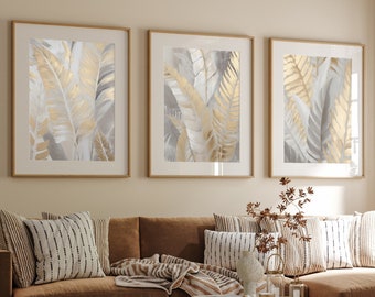 Neutral Abstract Art Prints, Modern Art, Abstract Art, Gold Feather ,Wall Art , Set of 3  A5, A4, A3 A3+ A2 A1 ,50X70 CM Sizes,Fast Delivery