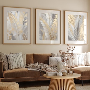 Neutral Abstract Art Prints, Modern Art, Abstract Art, Gold Feather ,Wall Art , Set of 3  A5, A4, A3 A3+ A2 A1 ,50X70 CM Sizes,Fast Delivery